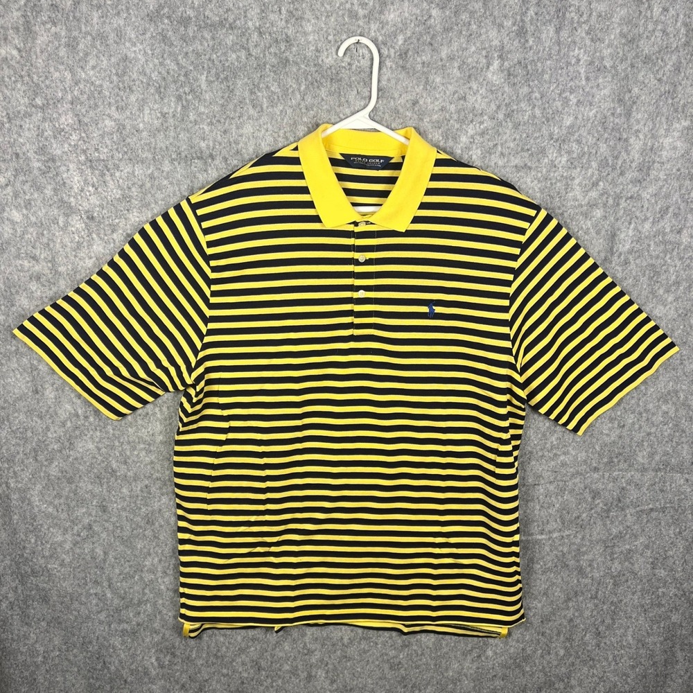 Polo Golf Ralph Lauren Men's XL Yellow Navy Blue Striped Pima Cotton Polo Shirt - Picture 2 of 7